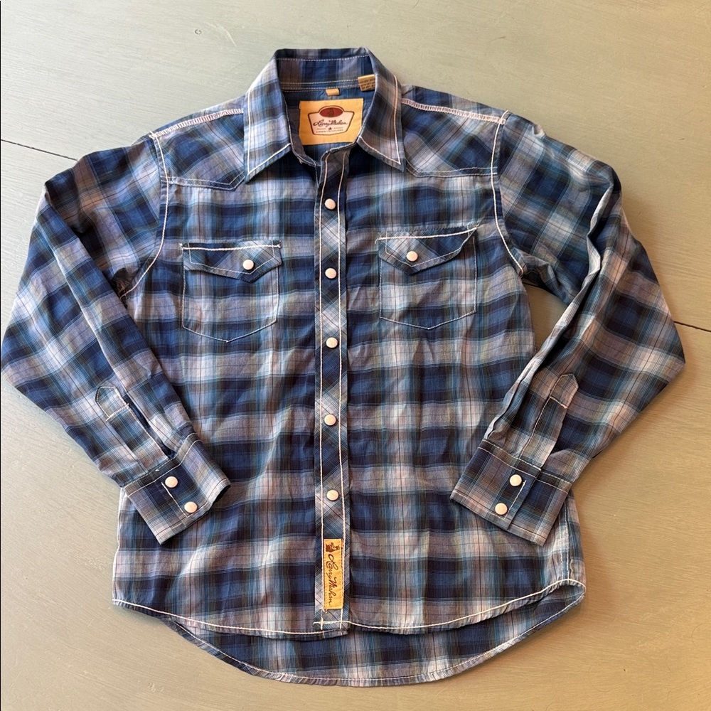 Larry Mahan Navy and Light Blue Plaid Western Snap Shirt